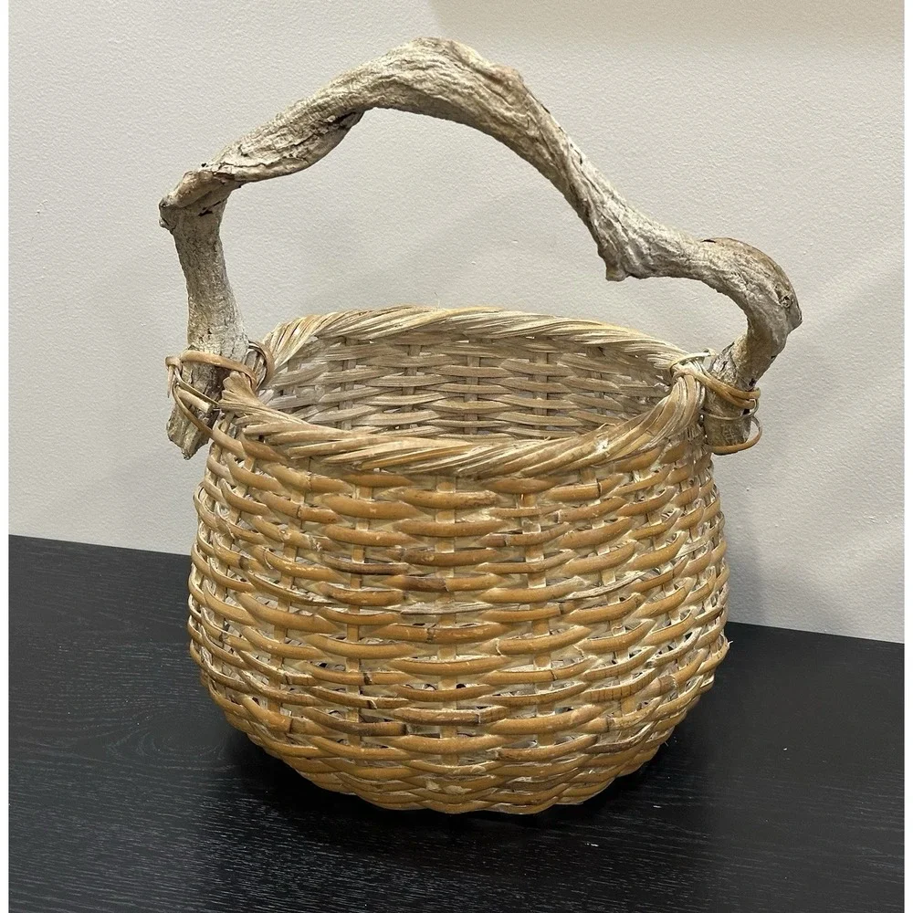 Vintage Wicker Basket Twig Handle 3D Yellow Flower Boho Cottagecore Gathering